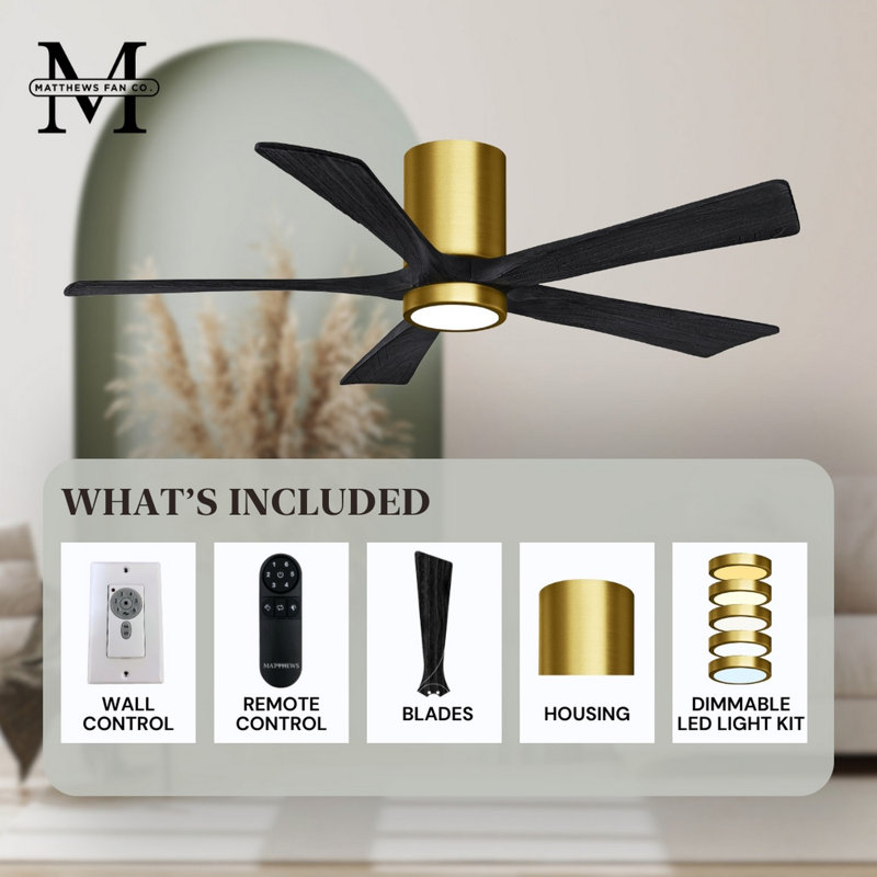 Irene Flushmount Light Kit 5 Blade LED Ceiling Fan, Brushed Brass, Matte Black, 60"