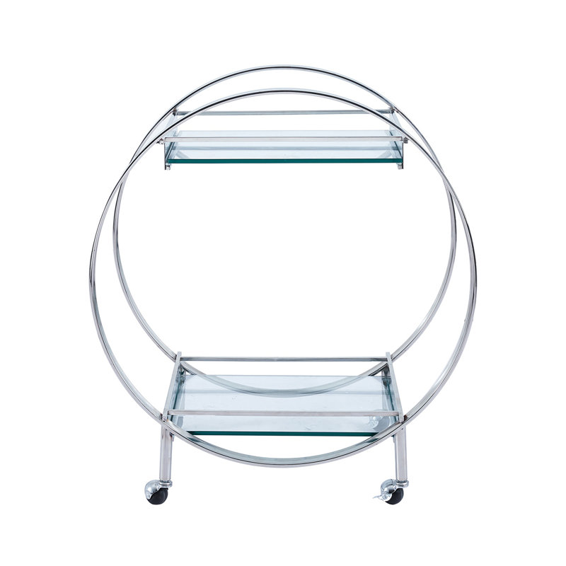 96cm 2 Tier Tea Wine Serving Bar Cart, Metal Kitchen Drinks Trolley on Wheels with Glass Shelf, Silver