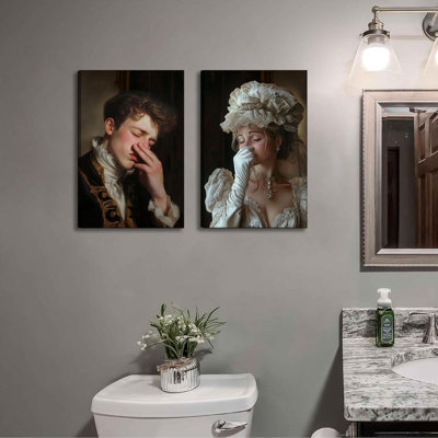 2Pcs Funny Bathroom Portraits Canvas Wall Art Toilet Unpleasant Odor Pinching Nose Wall Decor Pictures Vintage Humor Restroom Prints Posters For Toilet Bathroom Artwork Decoration Ready To Hang