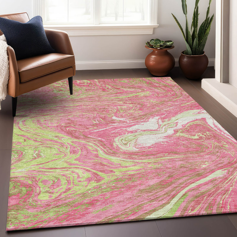 Pink Abstract Synthetic Washable Non-slip 5' x 7' Area Rug