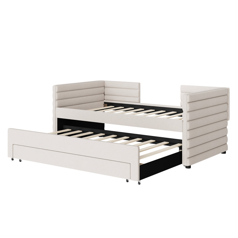 Willowmere Twin Size Upholstered Daybed with Trundle & 3 Storage Drawers, Beige