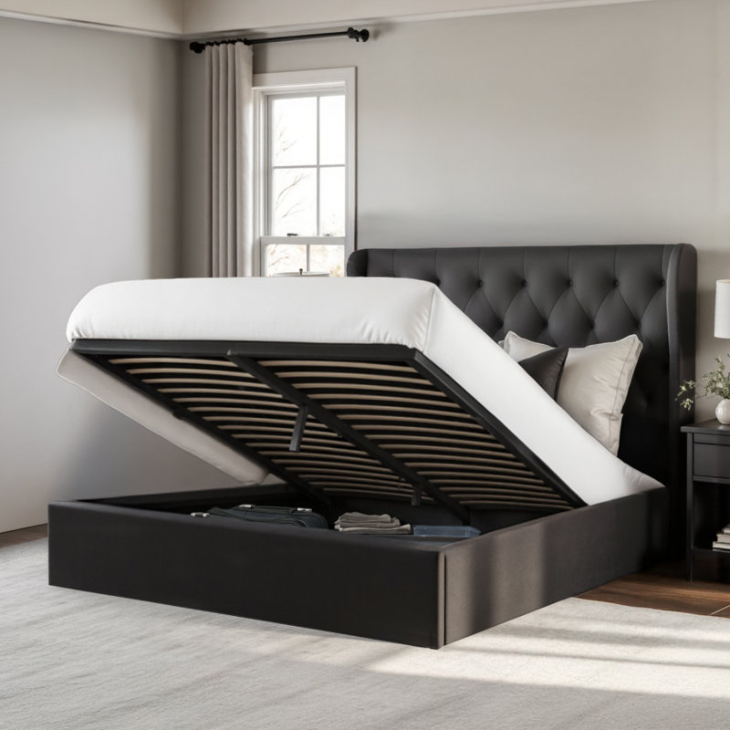 Lit tapissier avec rangement, Double, Gris foncé