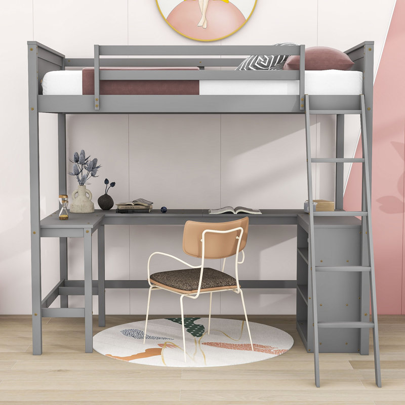 Wood Loft Bed With Desk And Shelves, Twin, Gray