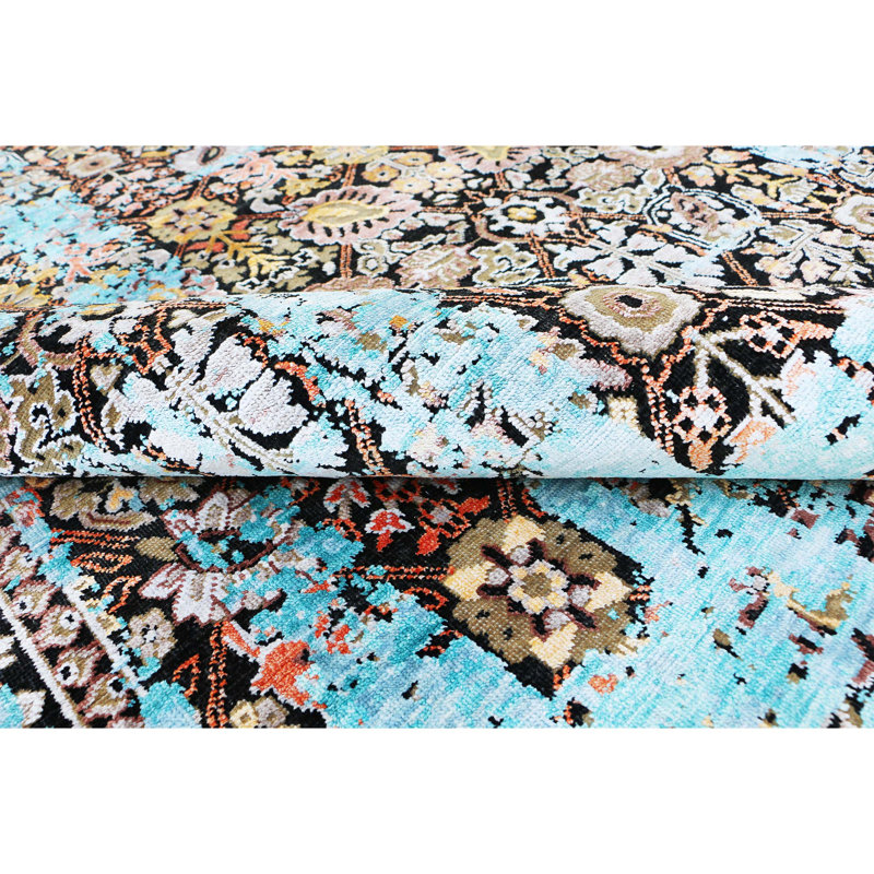 Hand Knotted Abstract Area Rug in Camel/Turquoise, Rectangle 9' x 12'