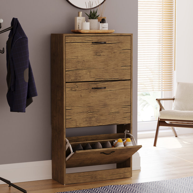 Drawer Flip Down Shoe Storage Free Standing Cabinet For Hallway, Antique Brown, 118" H x 60" W x 24" D