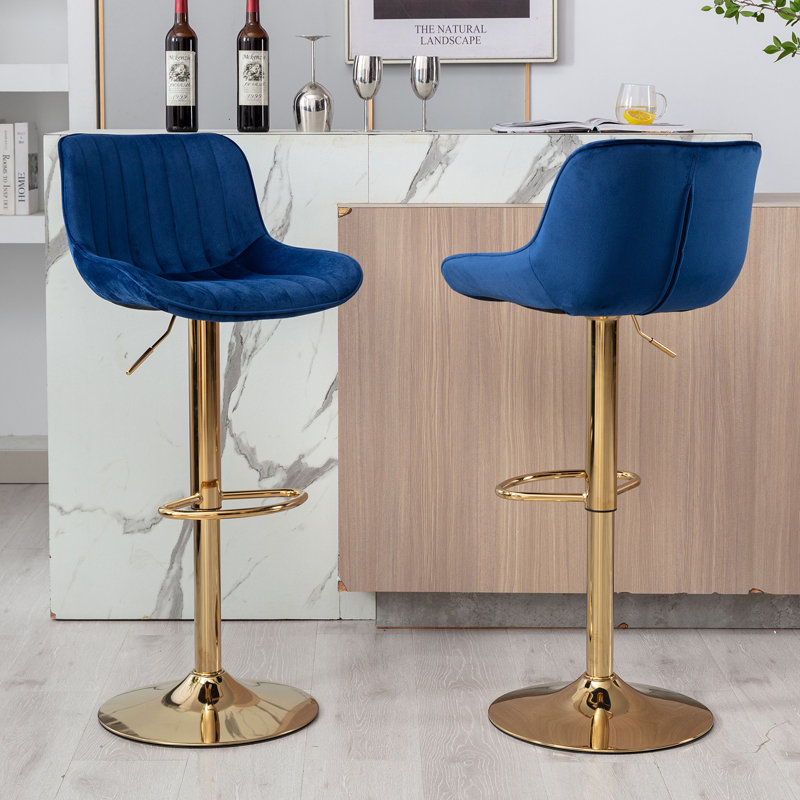 Garnich Swivel Upholstered Adjustable Heightcounter Stool With Metal Frame, Navy