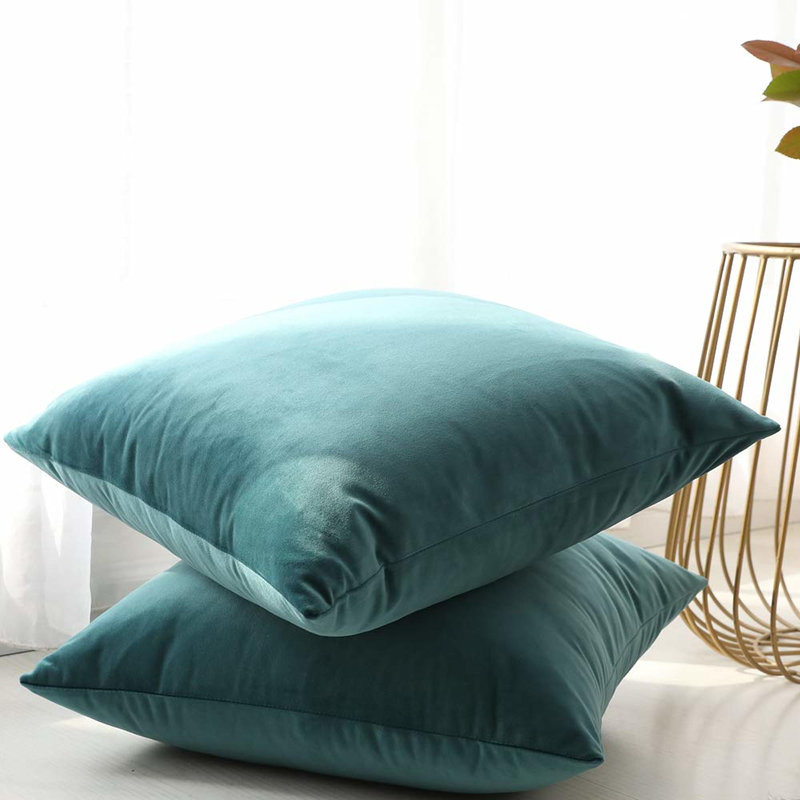 Housse de coussin en velours uni, Bleu sarcelle, H 18 po x l 18 po