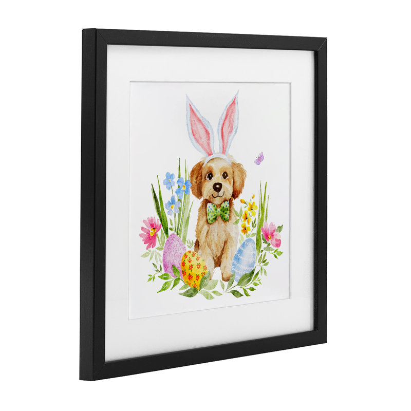 Chiot de Pâques ludique, reproduction sous verre, conception par Amy Hall, H 13 po x l 13 po, Cadre noir minuit