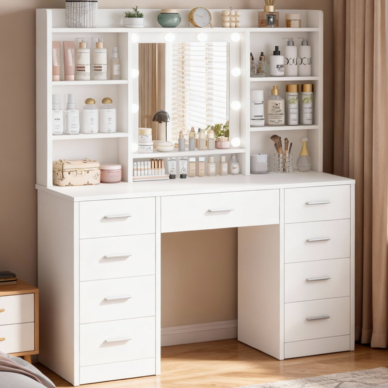 Dressing Table with 3-Color LED Lights Mirror, Adjustable Brightness, Vanity Table Makeup Desk with 9 Drawers and 7 Storage Shelves, Modern Vanity Desk for Bedroom Dressing Room, White