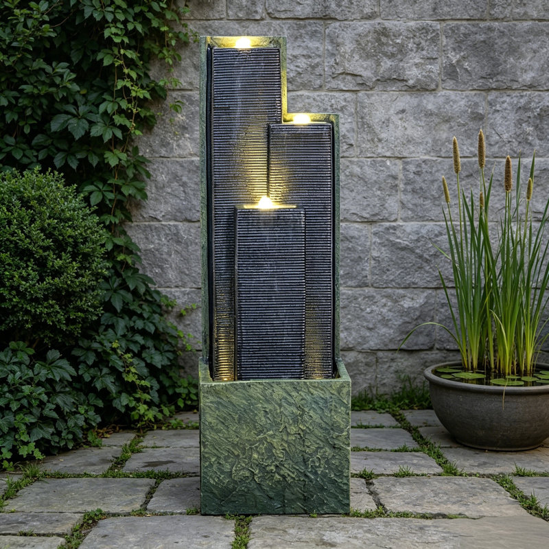 Outdoor Water Fountain with LED Lights, 39.8" Modern Tiered Resin Garden Fountain