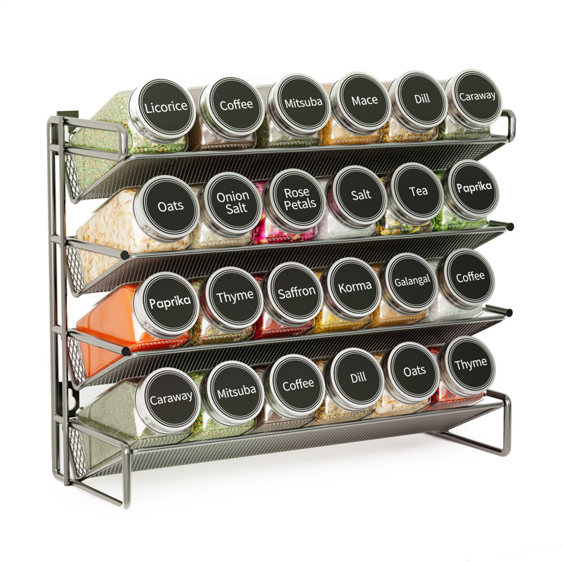 Black Metal 4-Tier Spice Rack Organizer with 24 Jars