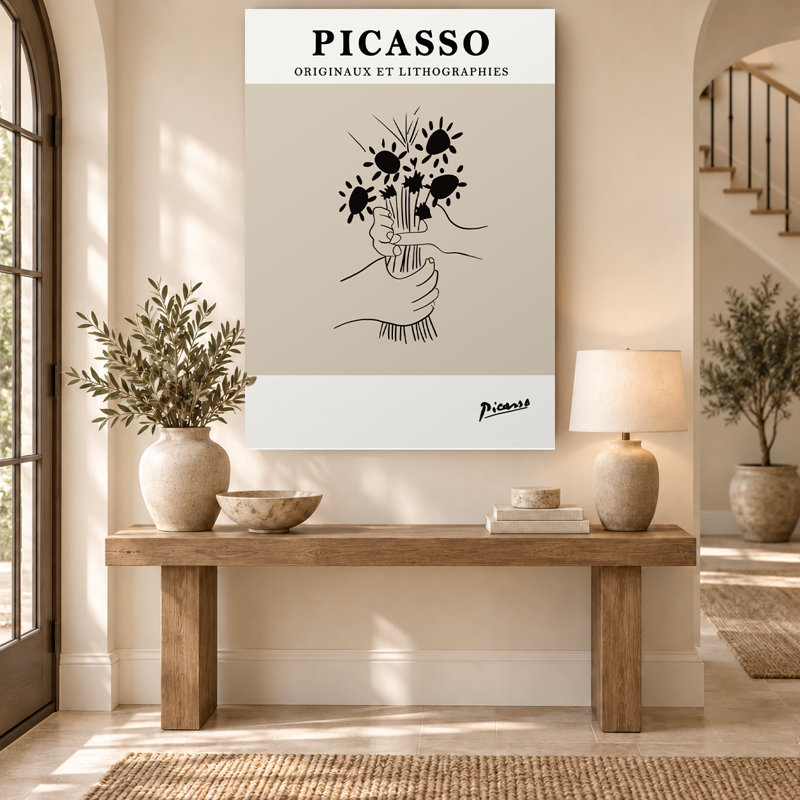 Exposition d'art minimaliste beige avec lignes florales sur toile, 30" H x 20" W