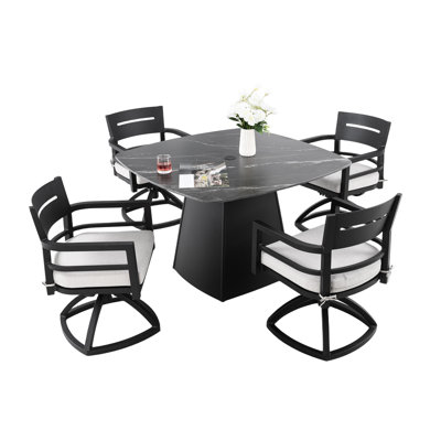 5 Modern Outdoor Dining With 44" Sintered Stone Table, Flared Base, 4 Swivel Rocking Chairs, Cushions And Easy Seating/Exiting Pedestal Rust- Design