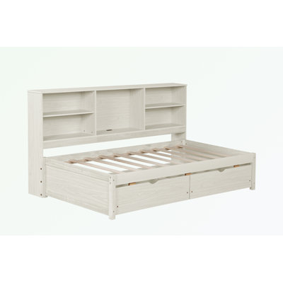Twin Size Bed Frame With Side Bookshelves, Two Drawers and Built-in USB Port by Latitude Run