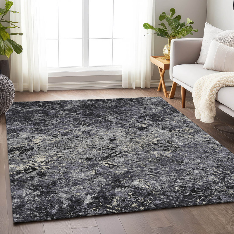 Premium Machine Washable Prisco Black Rug, Rectangle 10' x 14'