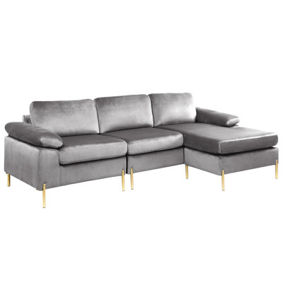 Sectional , Chaise, Gray Velvet, Solid Wood Structure, Metal Legs, Pillow Arms, Removable Cushions, Foam Filler, Comfortable Living Frame, Filler