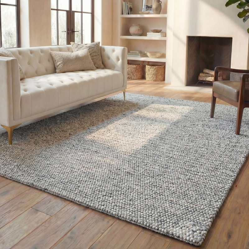 Tapis gris clair / ivoire fait à la main Elle, Rectangle 8 pi x 10 pi