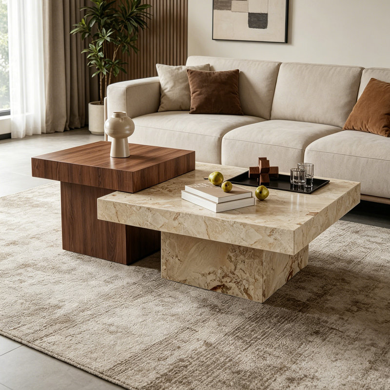 Ensemble de tables basses carrées avec plateau Living Room, H 13,77 po x L 31,49 po x l 31,49 po, Brun clair / brun noisette
