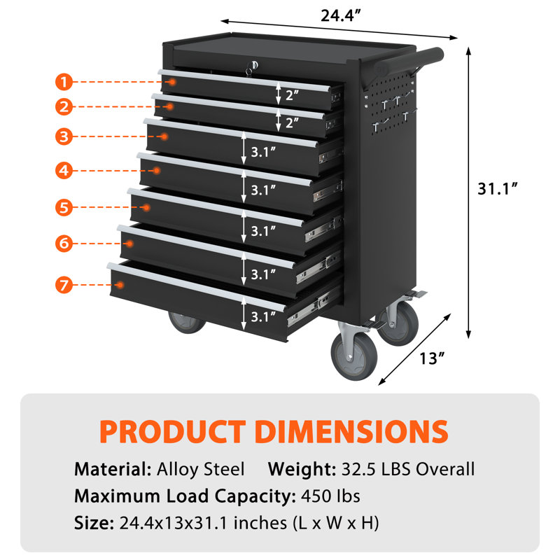 Efficient Storage Tool Cart & Worktable With Smooth Drawer Slides And Versatile Organization, Black