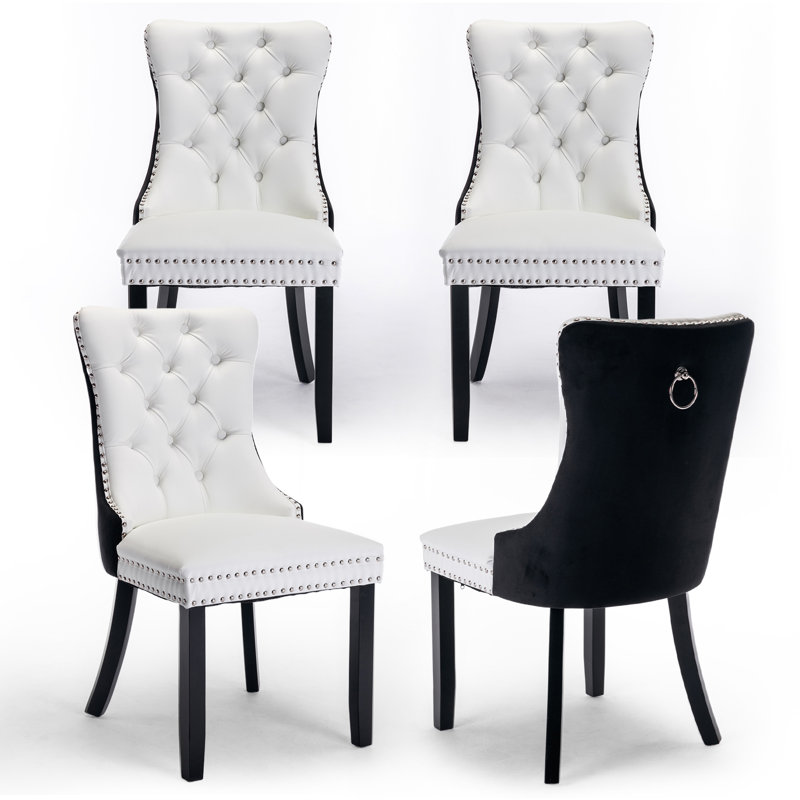 Ensemble de 4 chaises de salle à manger rembourrées en cuir et tissu noir / blanc, Noir, noir, noir, noir, Noir / blanc