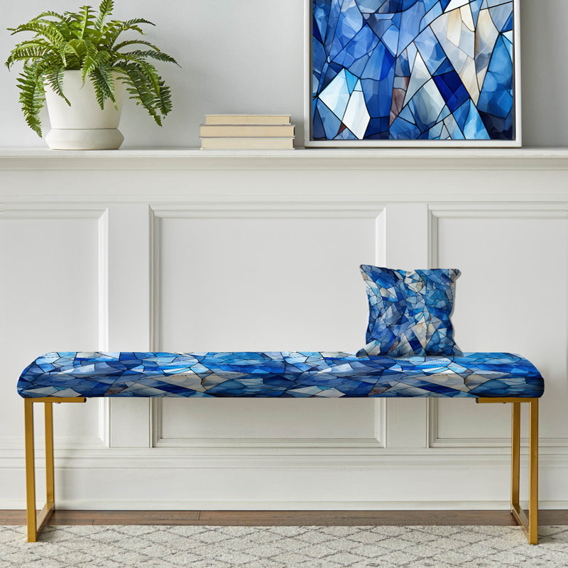 Deep Cobalt Blue Symmetry Glass - Geometric Upholstered Gold Bench