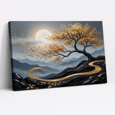 Golden Tree With Moonlit Mountains Canvas Wall Art