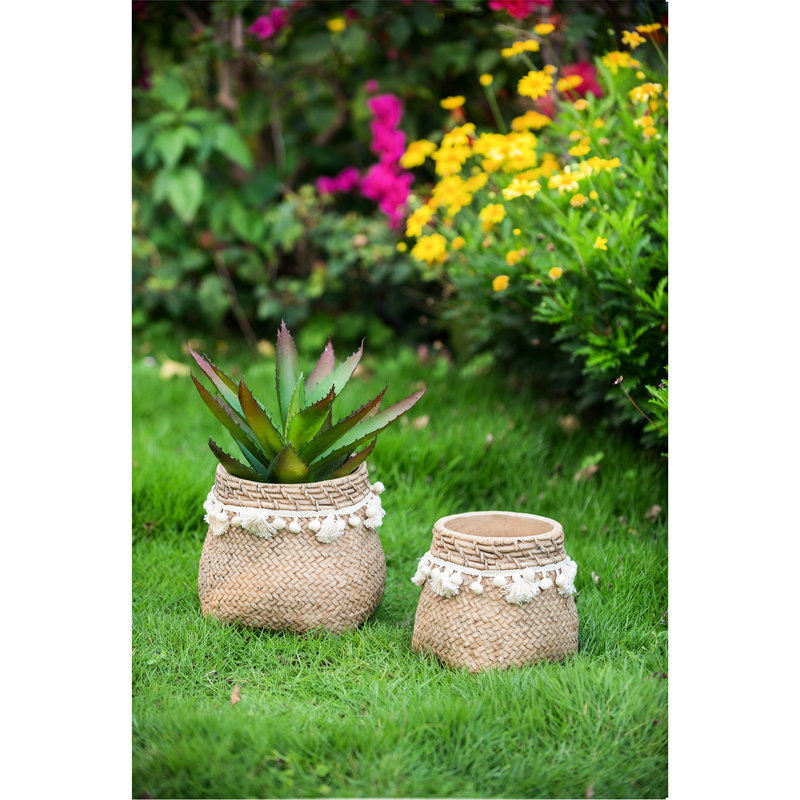 6.5X6.5X6 Inches Brown Cement Planters With Woven Tassel, Of 2, Cream Tassels Offset Brown, Complement Spaces Tassel Planters, And ,