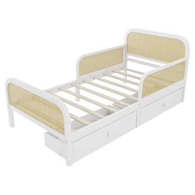 Twin Size Platform Bed Frame with 2 Storage Drawers, Kids Rattan Bed with Headboard & Footboard, White