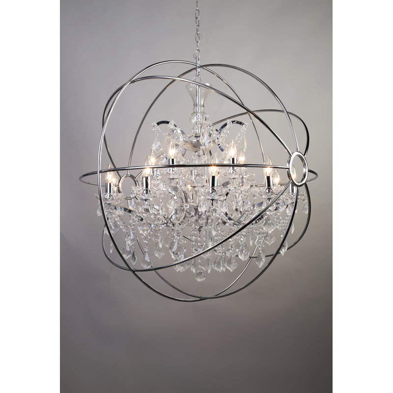 15-Light Chrome Cage Chandelier With Clear Hanging Crystals, Chrome