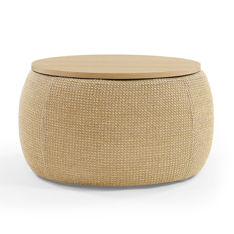 Round Storage Ottoman, 2 In 1 Function, Work As End Table And Ottoman, Natural