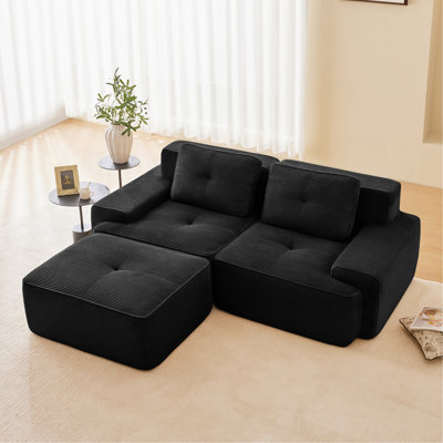 Canapé modulaire en L de 82 po pour salon modulaire en tissu de velours côtelé de 82 po avec siège profond et repose-pieds mobile, passepoil perlé, conception sans assemblage, conception antidérapante