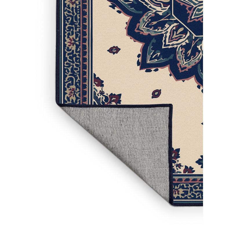 Machine Washable Roslindale Classic Oriental Rug in Gray – Navy Binding, 7' Square