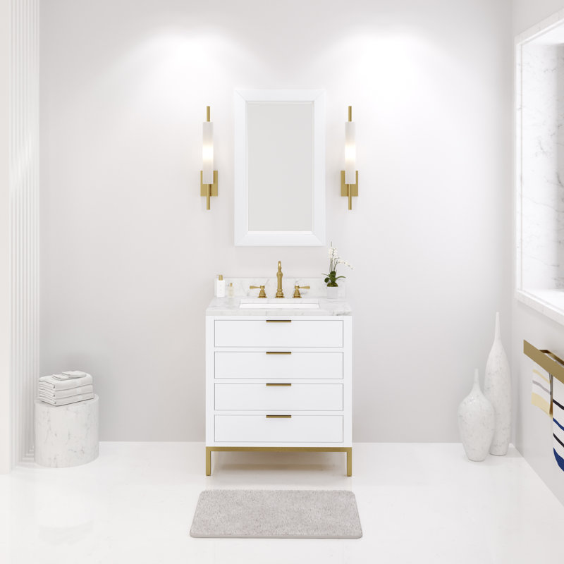 Bristol 30 In. Single Sink Carrara White Marble Countertop Bath Vanity In Pure White With Satin Gold Hook Faucet, Pure White