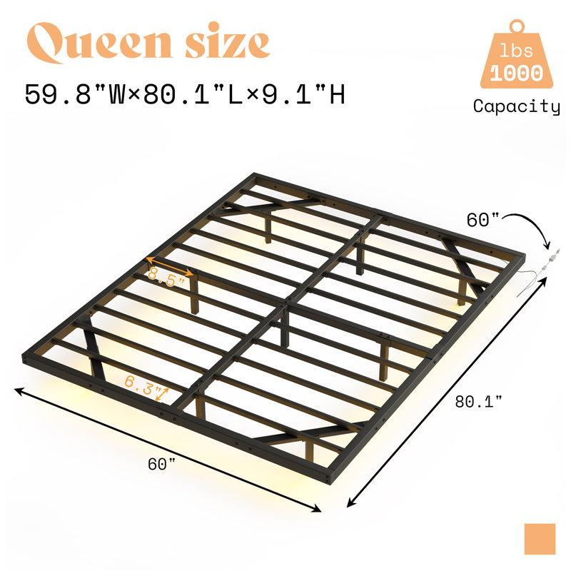 Canealus 9.1'' Floating Metal Bed Frame with LED Lights, Queen, Black