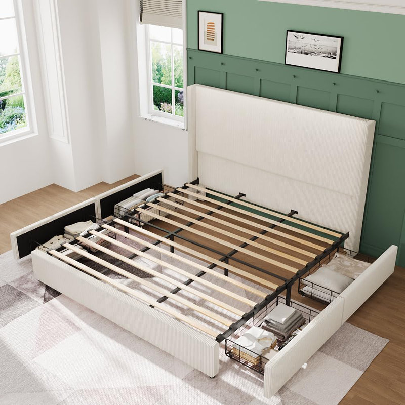 Structure de lit grand / très grand avec tiroirs de rangement, lit plateforme tapissier en velours côtelé avec oreilles et tête de lit capitonnée