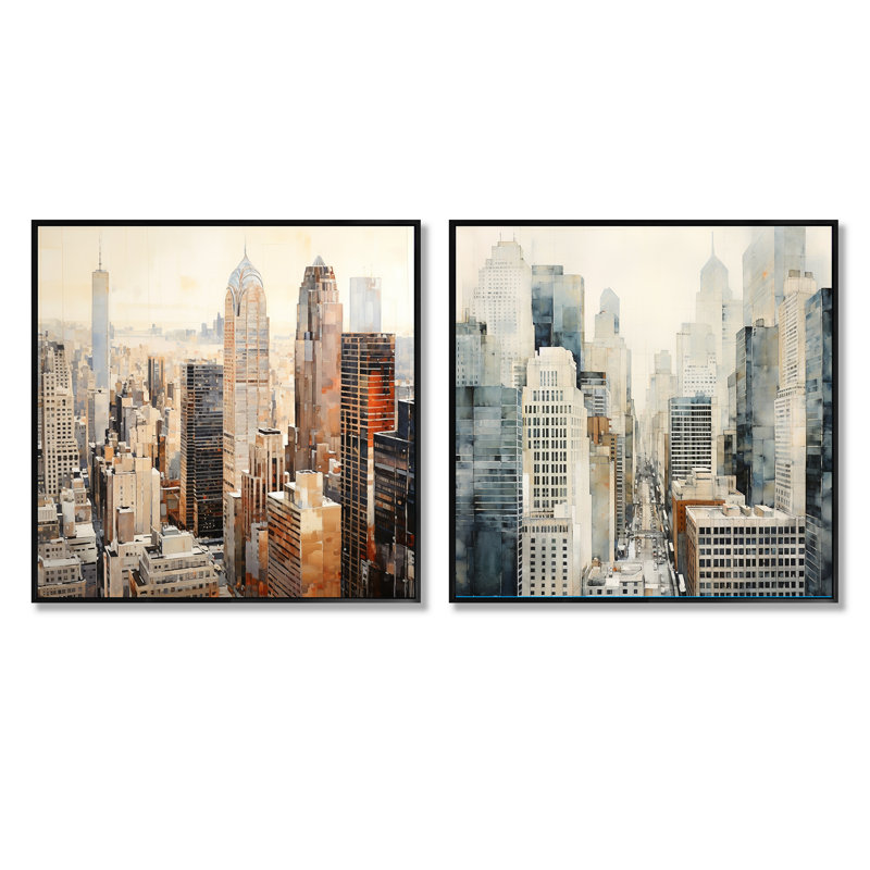 Ivory Infinity Skyscraper Cityscape - ensemble de 2 gratte-ciel carrés, Cadre flottant noir, H 16 po x l 33 po