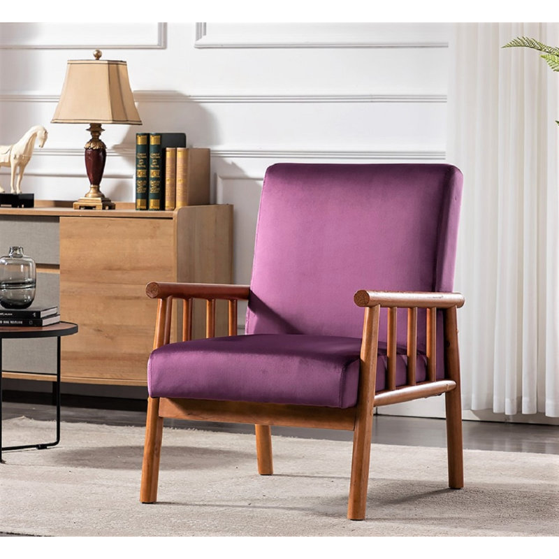Chaise avec accoudoirs Mid-Century moderne avec structure en bois massif et velours tacheté, Purple Velvet