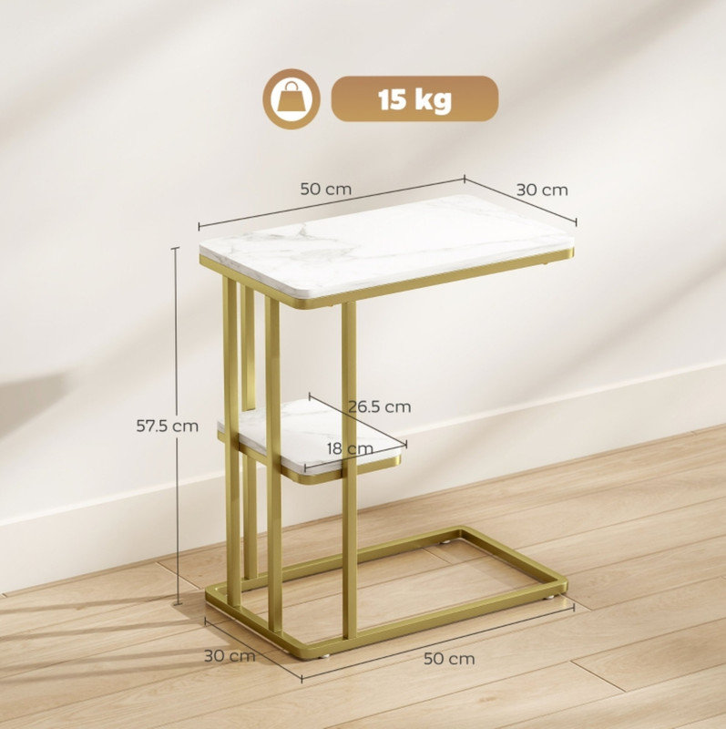 2-Tier C Shaped Nightstand, White Marble Grain Accent Table, Light Luxury Sofa Side Table for Bedroom Living Room