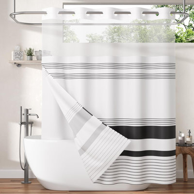 No Hook Shower Curtain And Liner Set, Shower Curtain With Liner And Hooks Built-In Less Time, Heavy Double Waterproof Farmhouse Shower Curtain Set For Bathroom, Black Stripe, 74"X72"