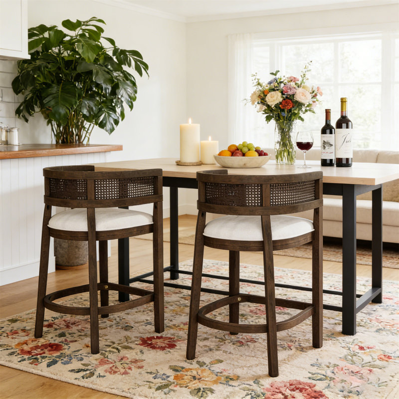 Ensemble de 2 tabourets de comptoir en bois et rotin avec accoudoirs rembourrés (table non incluse), Beige, Noyer