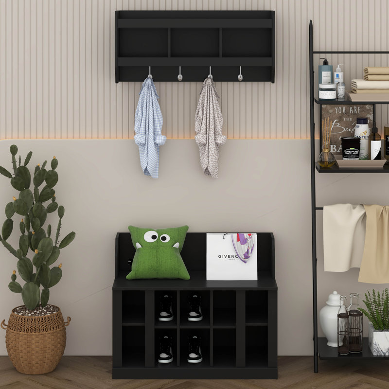 Hall Tree With Bench, Shoe Storage Bench With Wall Mounted Coat Rack, Hall Tree Entryway Organizer With Shelves And 4 Hook