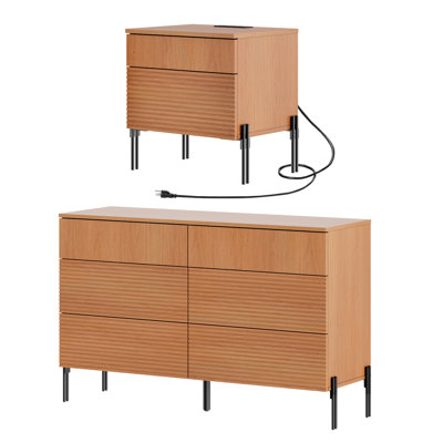 Laverda 6 Drawer Dresser And Nightstand Set For Bedroom, Bedroom Set, Double Dresser With Hidden Handles, Reed Pattern & Double Chopsticks Legs by Union Rustic