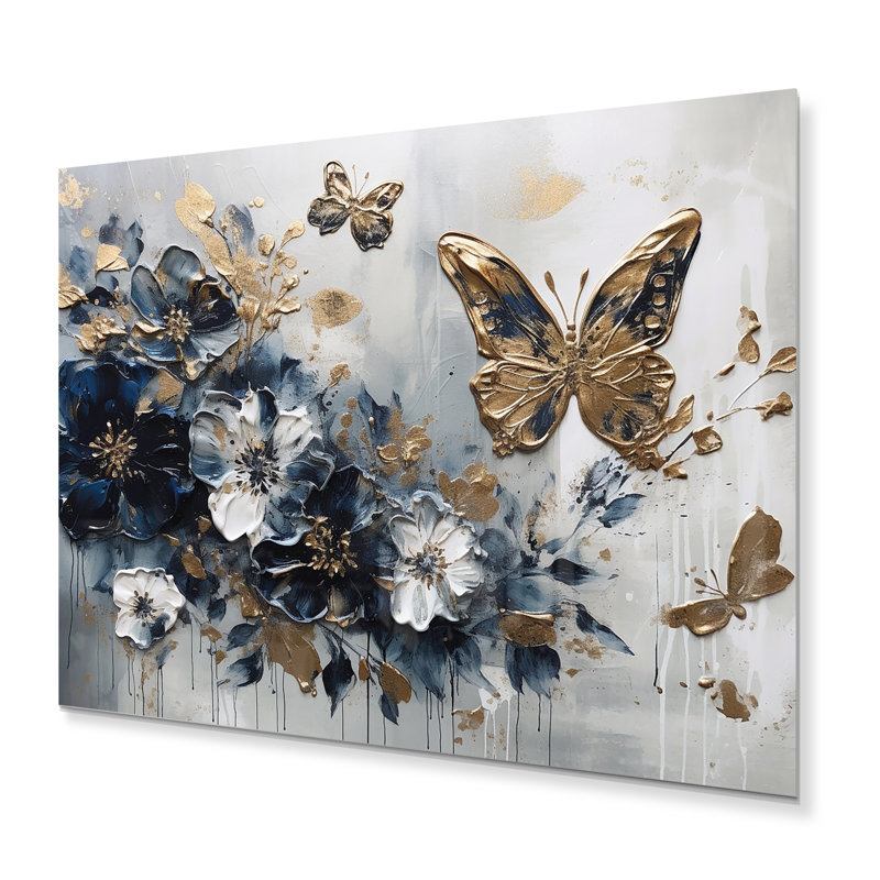 Ailes de papillon doré bleu et fleurs IV - décoration murale florale en métal, H 24 po x l 32 po x P 1 po