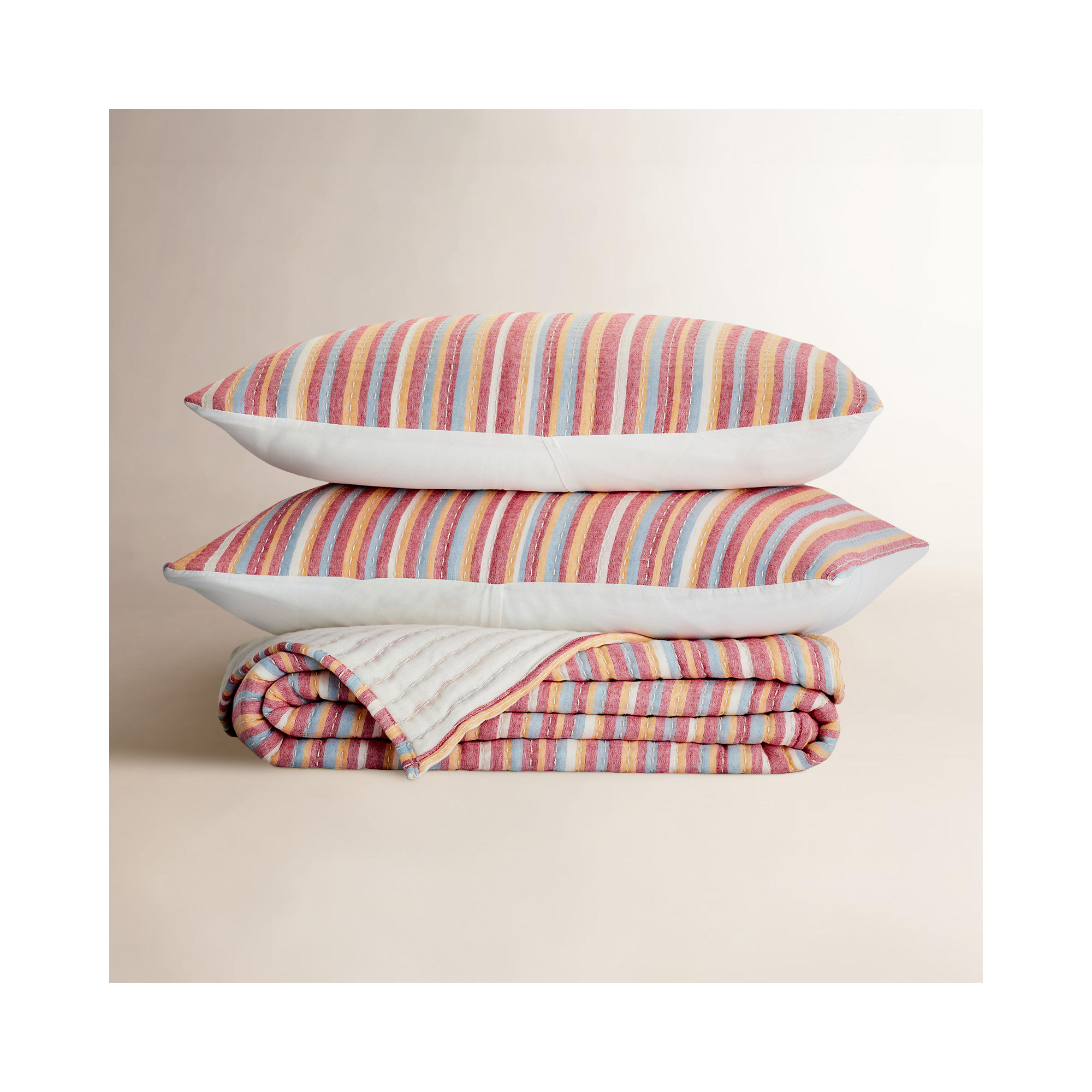 Lush Decor Tracy Stripe Kantha Pick Stitch Cotton Coverlet Set, King Quilt + 2 Shams