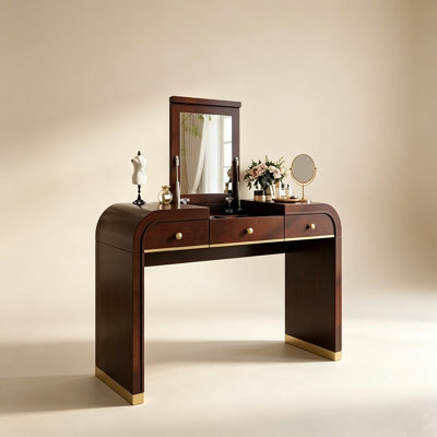  Classic Wood Vanity Desk with Flip Mirror, 3-in-1 Dressing Table with 2 Drawers and Storage Space for Bedroom, Espresso