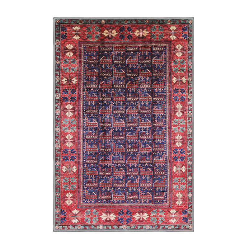 Tapis géométrique rouge / bleu / beige, Rectangle 7 pi x 10 pi