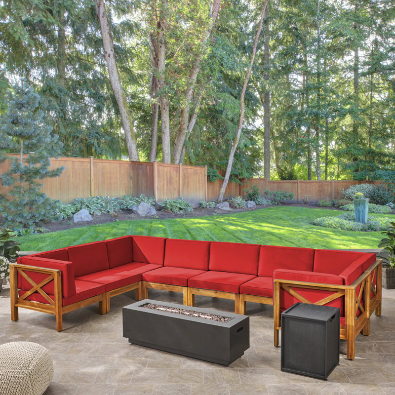 8 - Person Modular Patio Conversation Set with Cushions, Teak Frame / Red Cushion