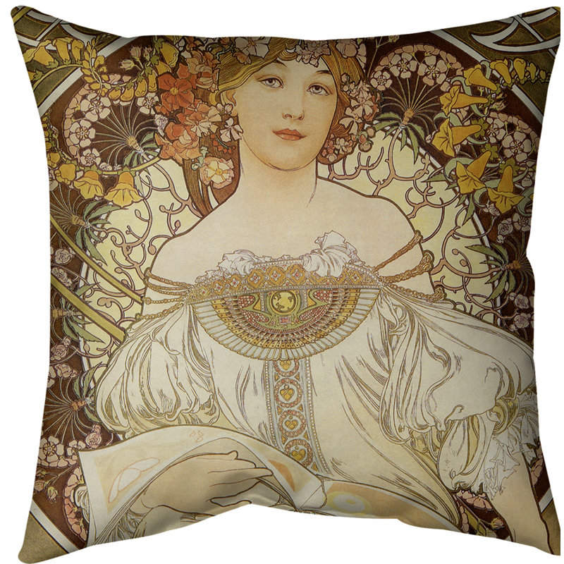 Coussin décoratif de lecture de lady alphonse mucha, 20 po x 20 po, Jaune, Polyester filé