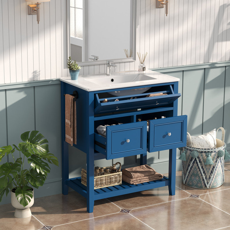 Ensemble de meuble-lavabo simple 30 po avec plateau en céramique et tablette ouverte, Marine