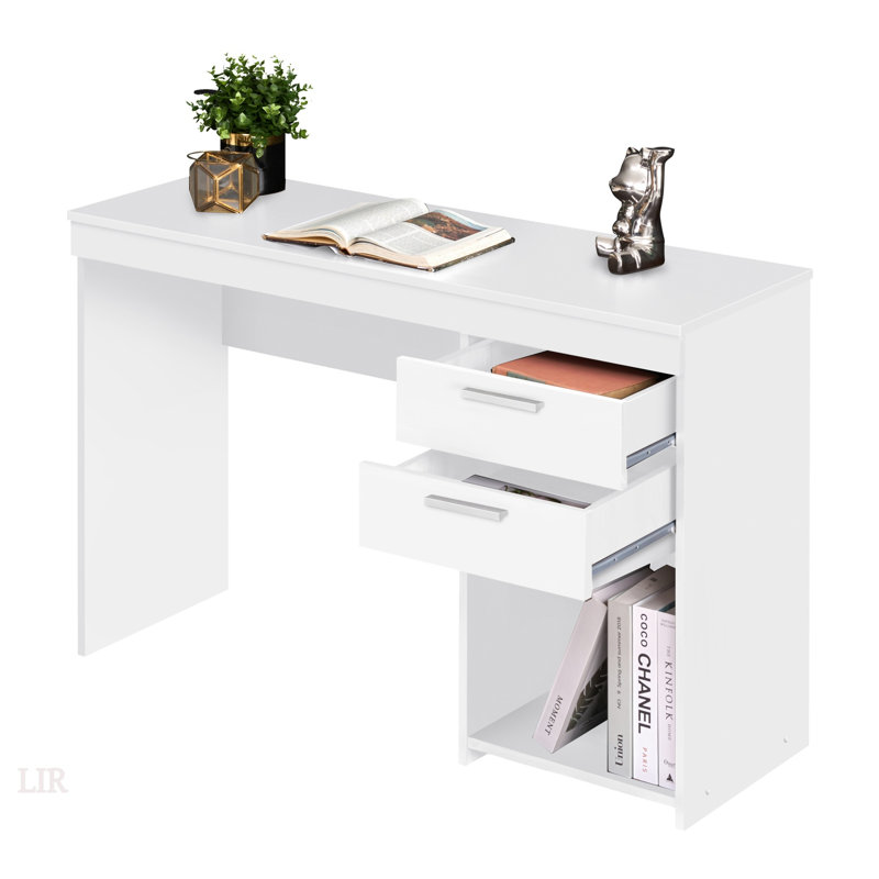 Poste de travail moderne blanc avec beaucoup de rangement et surface en panneau de particules durable pour une productivité accrue.